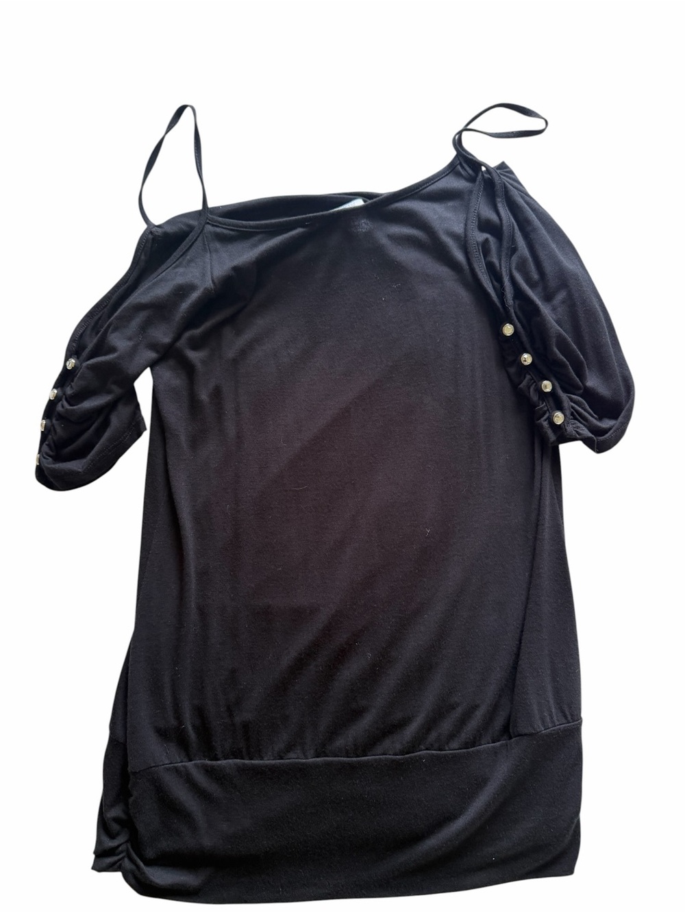 Suzy Shier Black Cold Shoulder Ruched Sleeve Top Size Medium - Picture 4 of 8